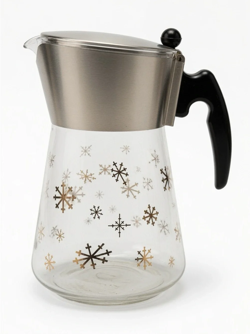 Vintage MCM Glass Pitcher Carafe Gold Atomic Snowflake Metal Lid Black Handle